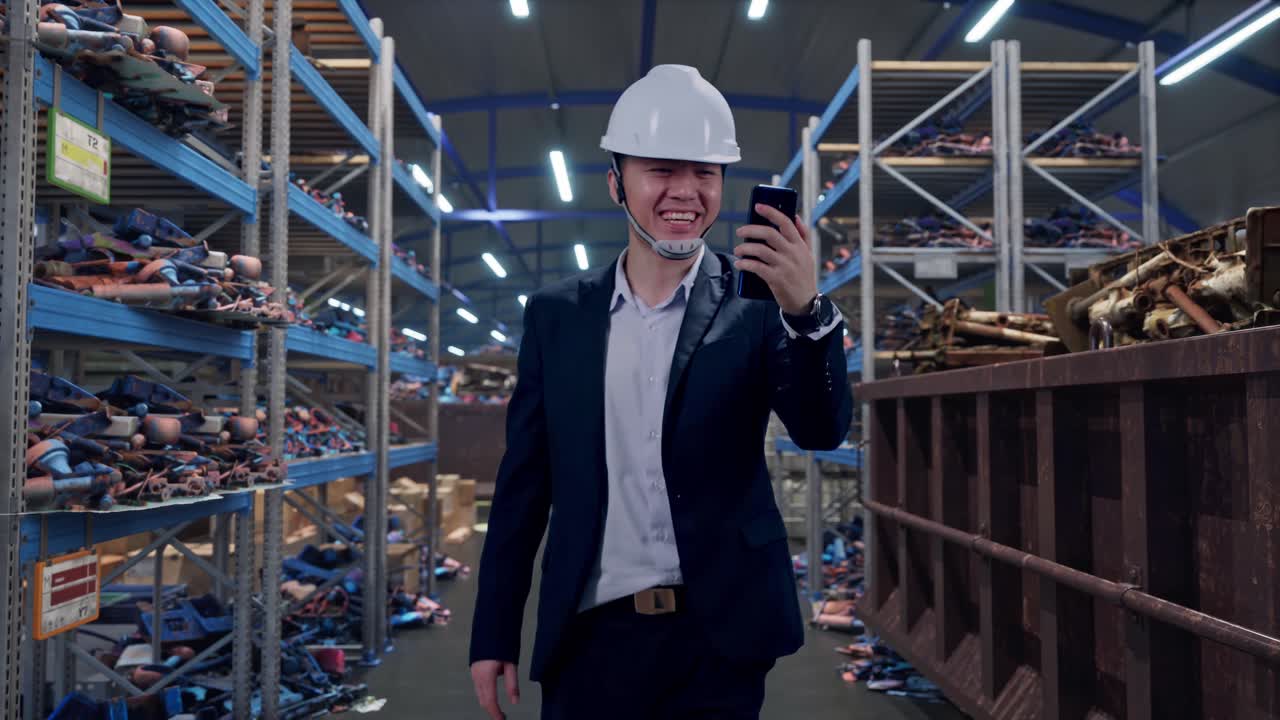 Vista frontale di un uomo d'affari asiatico che usa lo smartphone, in videochiamata, mentre cammina in un magazzino industriale di rottami metallici e riciclaggio