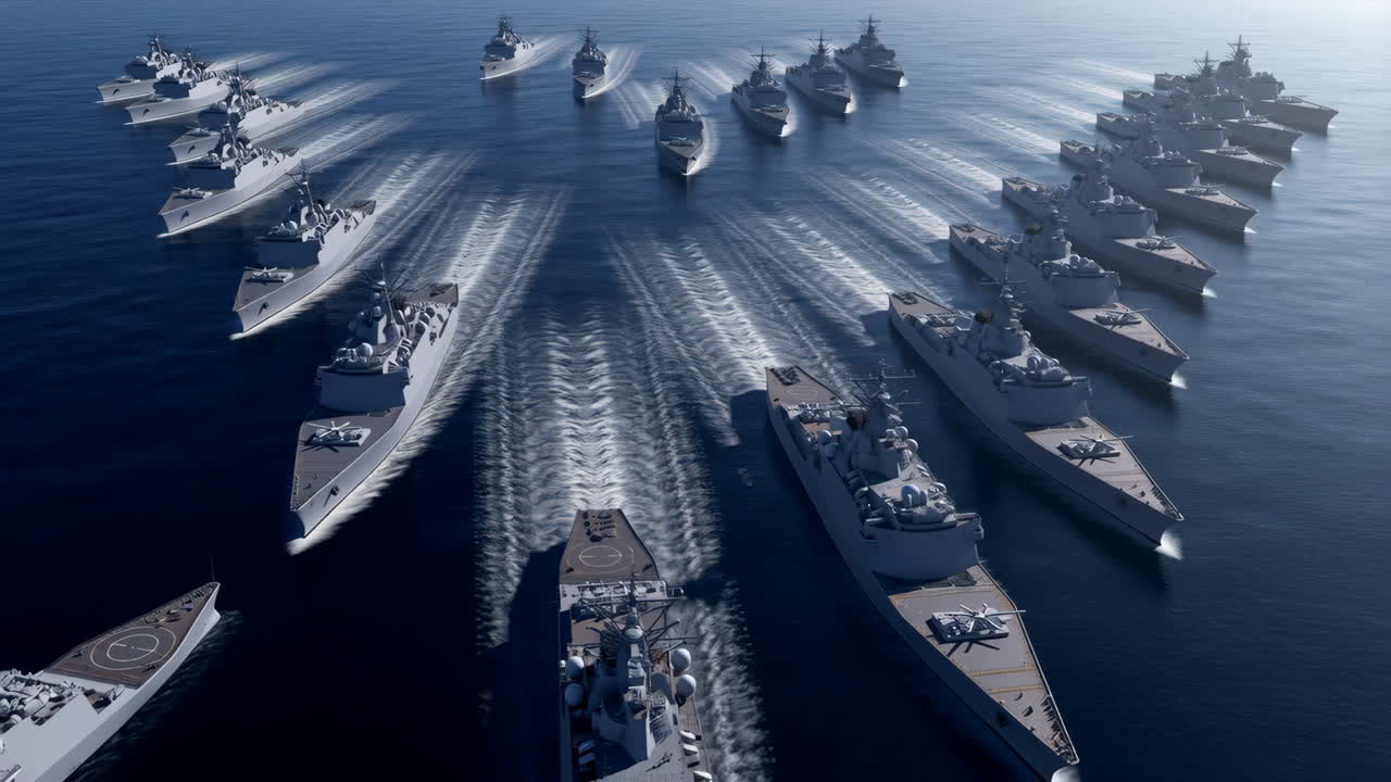A Large Naval Fleet of Warships Sailing in Formation Across the Ocean