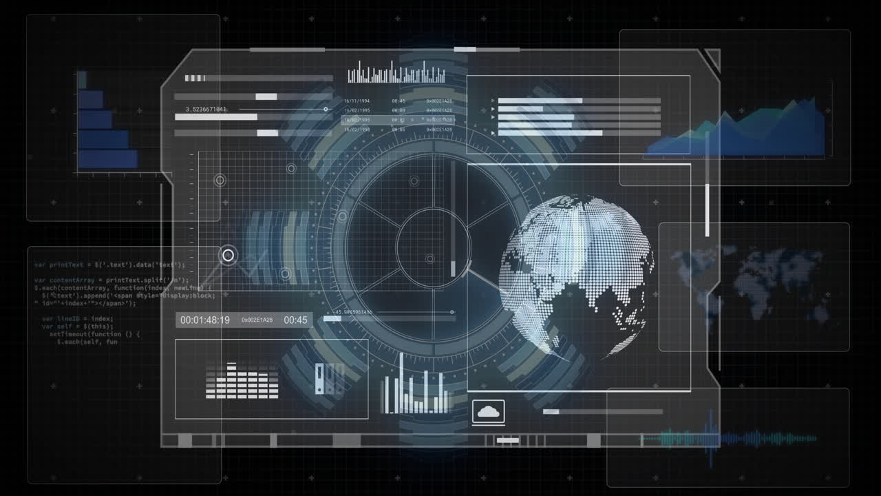 Animation of globe and data processing over screen