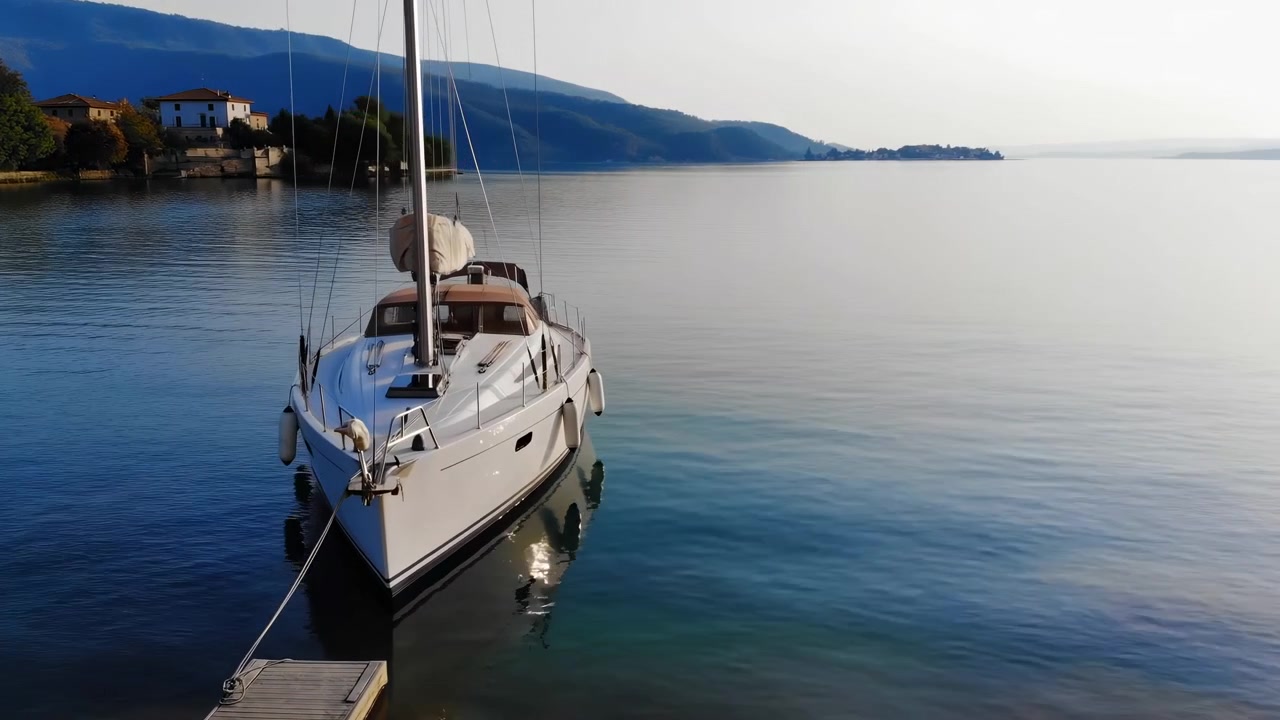 Barca a vela ormeggiata in un tranquillo lago di montagna. Inquadrata da creste blu e acqua cristallina, piccolo molo di legno.