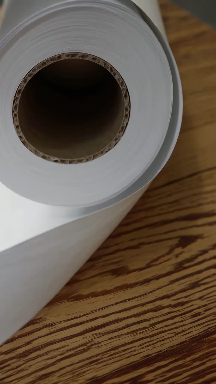 Close-up, angled view of a large roll of white paper on a wooden surface, ideal for a video