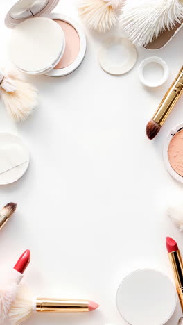 flat lay of makeup and beauty products on white background