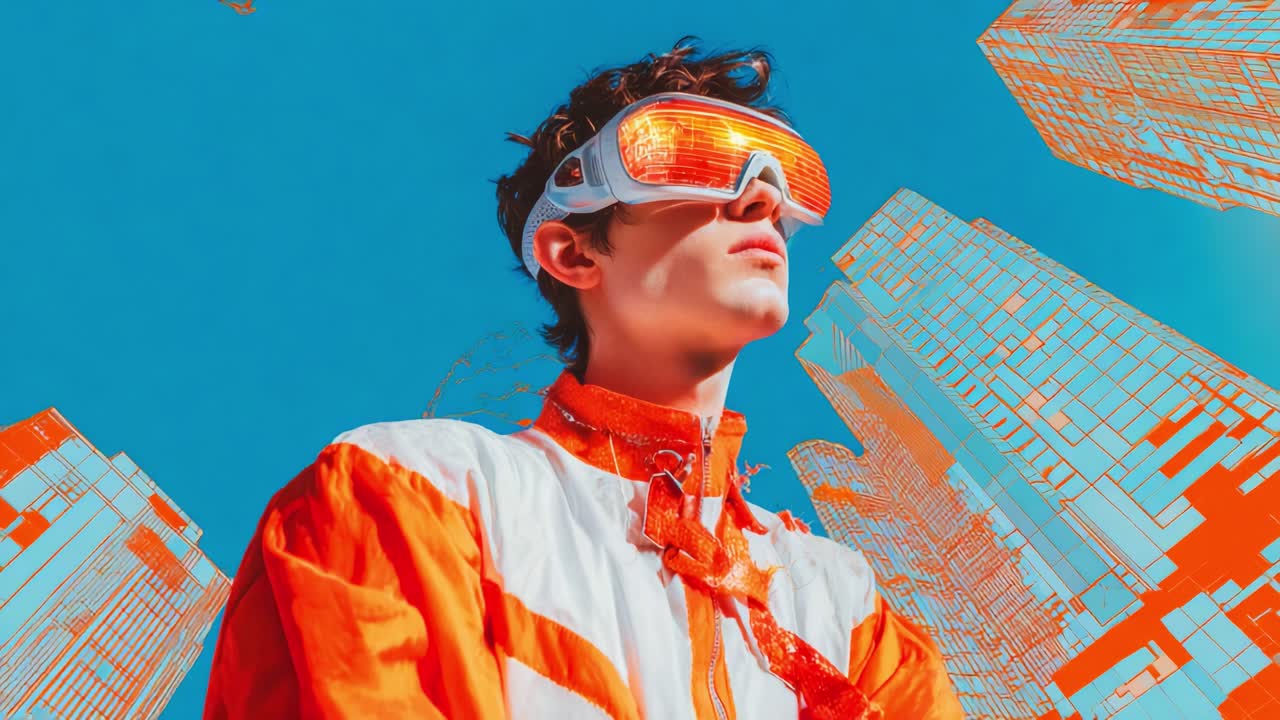 Futuristic Urban Adventurer Gazes Toward a Bright, Vibrant Cityscape, Wearing Stylish Orange and White Outfit with Cutting-Edge Visual Gear, Symbolizing Modern Innovation and Exploration