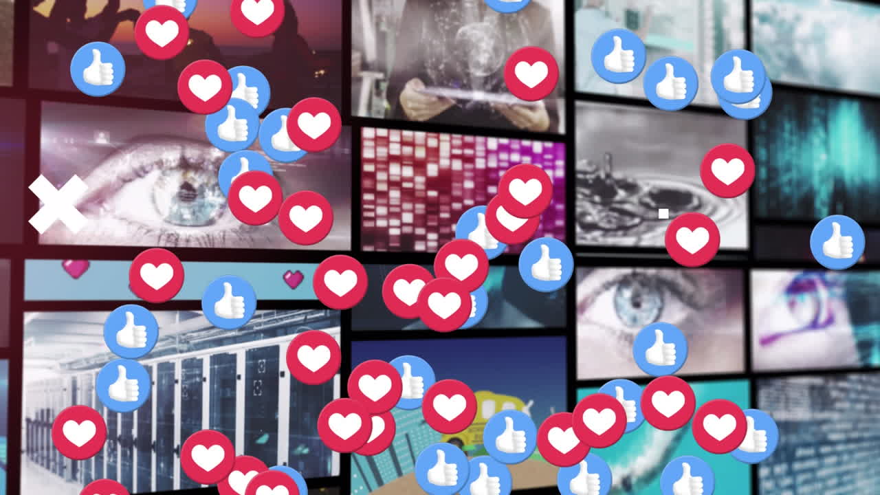 스크린 위를 날아다니는 소셜 미디어 아이콘의 애니메이션