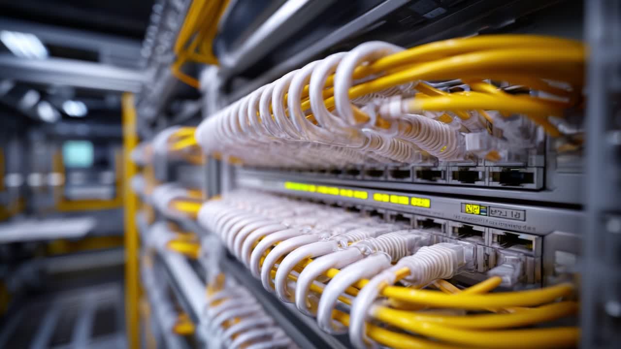 A Detailed View of Network Cabling and Connectivity in a Data Center Infrastructure Featuring Multiple Fiber Optic and Ethernet Connections