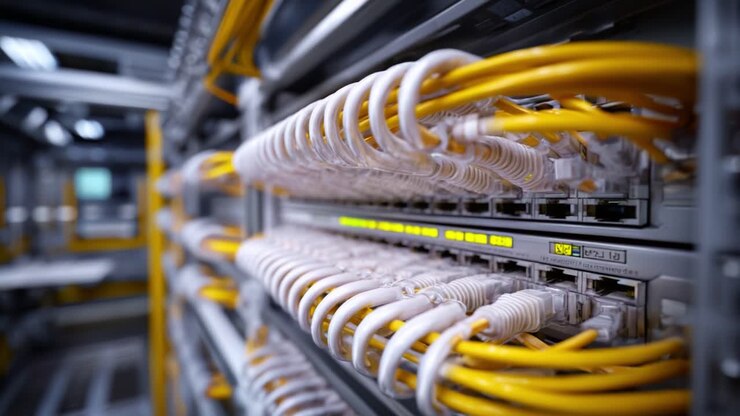 A Detailed View of Network Cabling and Connectivity in a Data Center Infrastructure Featuring Multiple Fiber Optic and Ethernet Connections