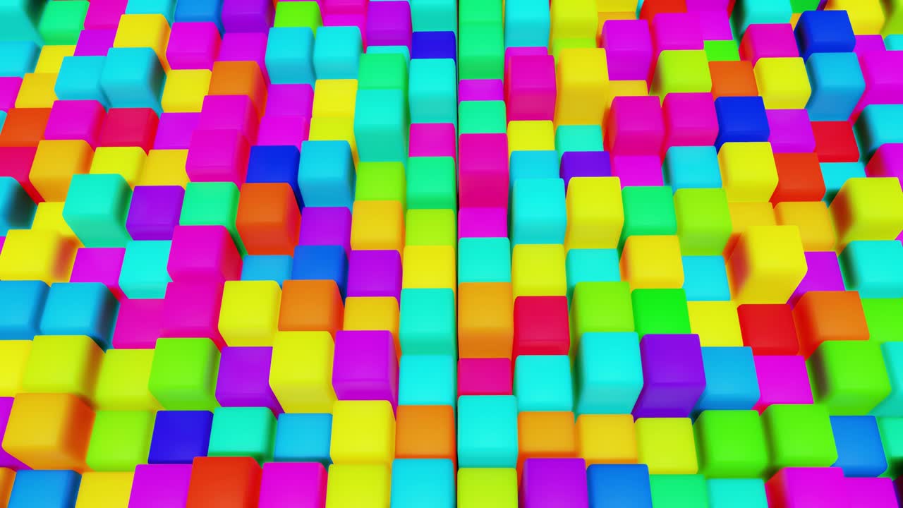 다채로운 큐브와 함께 3d 추상적인 간단한 기하학적 배경, 4k에서 무작위로 네온 빛을 박이는, 부드러운 루프 애니메이션, 3d 객체와 함께 창의적인 간단한 모션 디자인, vj 루프