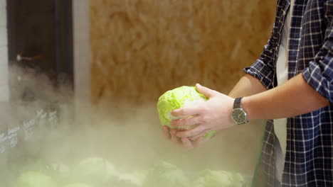 person holding fresh lettuce in a grocery store