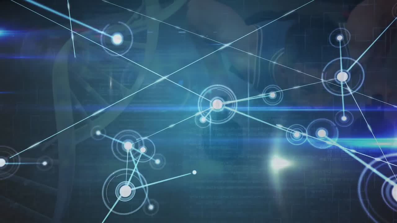 Animation of network of connections and dna strand over caucasian man excercising