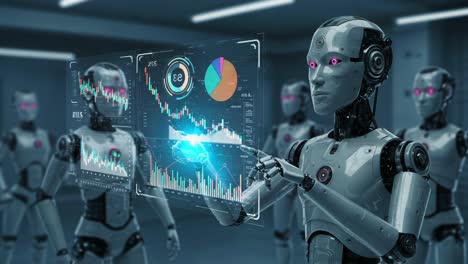 automated intelligence: a close-up of an advanced robot interacting with digital analytics displays in a futuristic environment