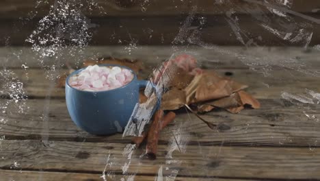 Animation-of-white-shapes-over-mug-with-cocoa-on-wooden-background