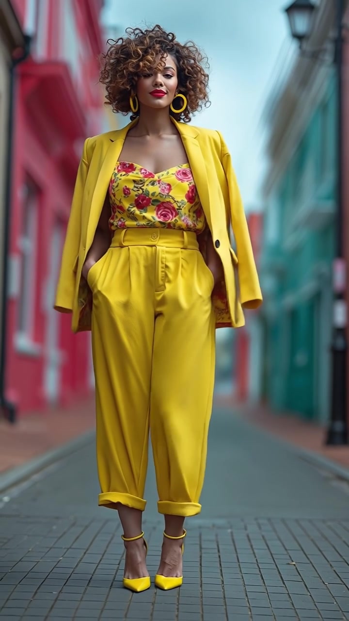 Fashionable woman walking down a colorful street wearing a bright yellow suit and floral top