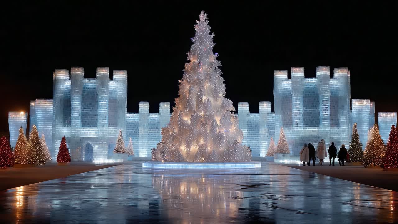 A Stunning Winter Wonderland Featuring a Majestic Ice Castle and Glittering Christmas Tree Surrounded by Sparkling Decorations Under the Night Sky