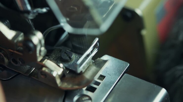 colpo del primo piano della macchina da cucire industriale che cuce vestiti militari