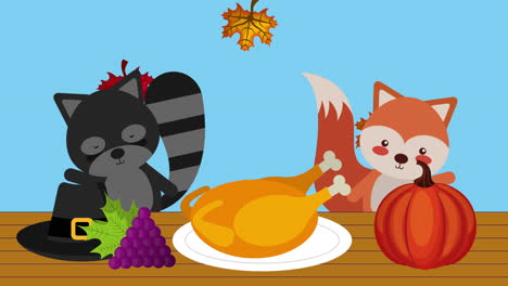 feliz celebración de acción de gracias con mapaches y zorros