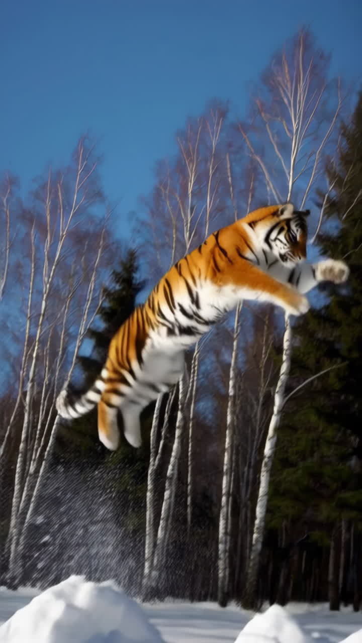 Siberian Tiger Leaping in Snow