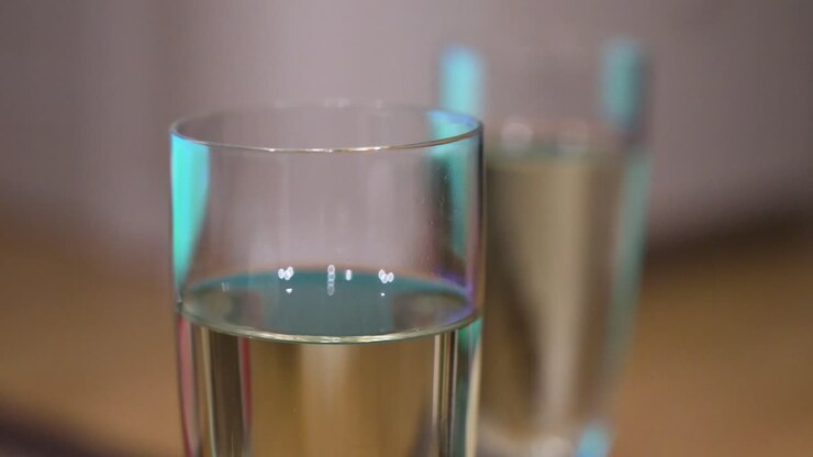 A narrow focus view of a Champagne drink and glasses stand on a tablet