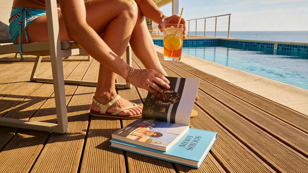 Reaching woman in swimsuit flipping magazine poolside, steadying orange drink, relaxing near books