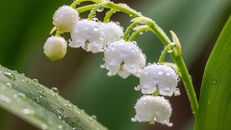 a close-up view of delicate white lilies of the valley blossoms adorned with glistening water droplets after a refreshing rain shower capturing nature's beauty