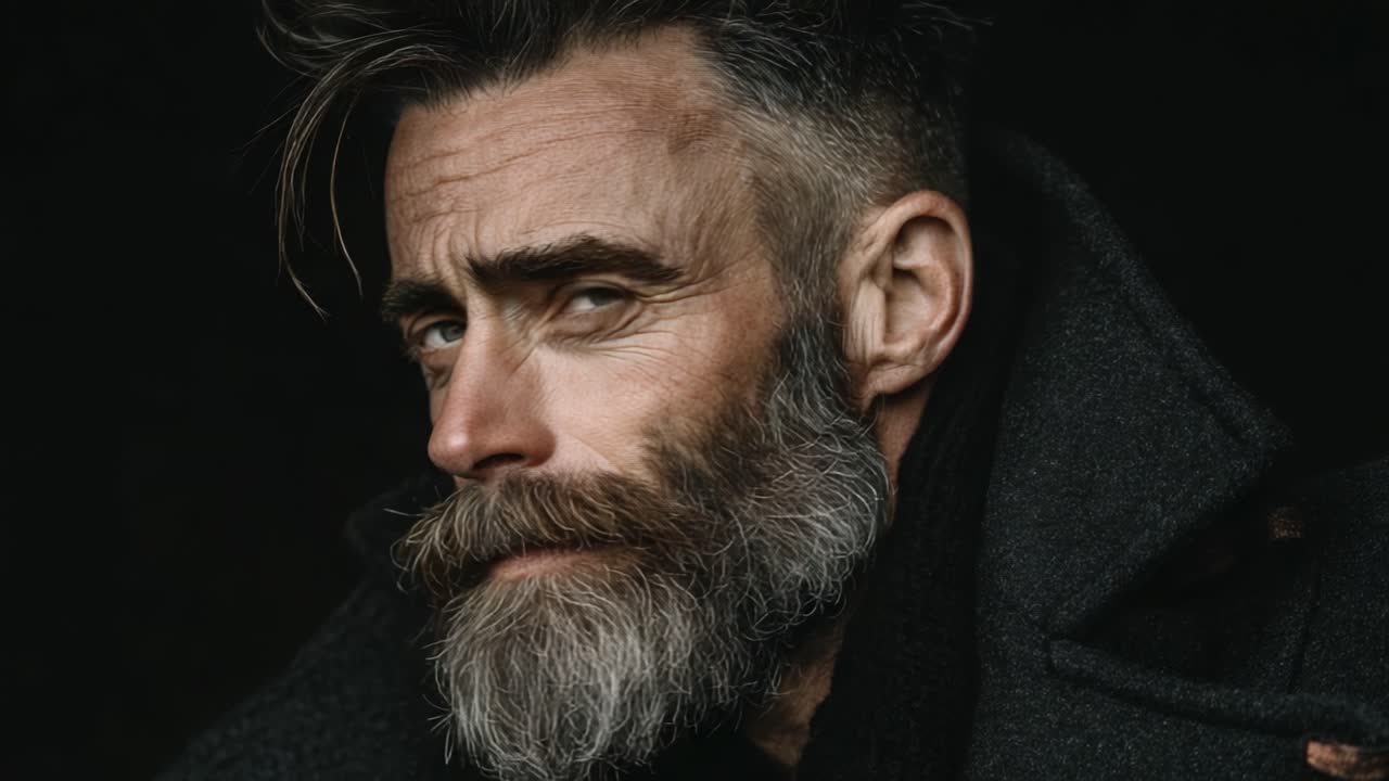 Et nærbillede af en mand med et karakteristisk gråt skæg og stilfuldt hår, der fanger et eftertænksomt udtryk mod en mørk baggrund.