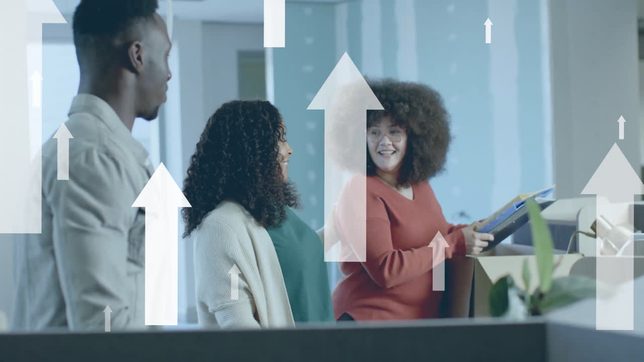 Animation of financial data processing over diverse business people in office