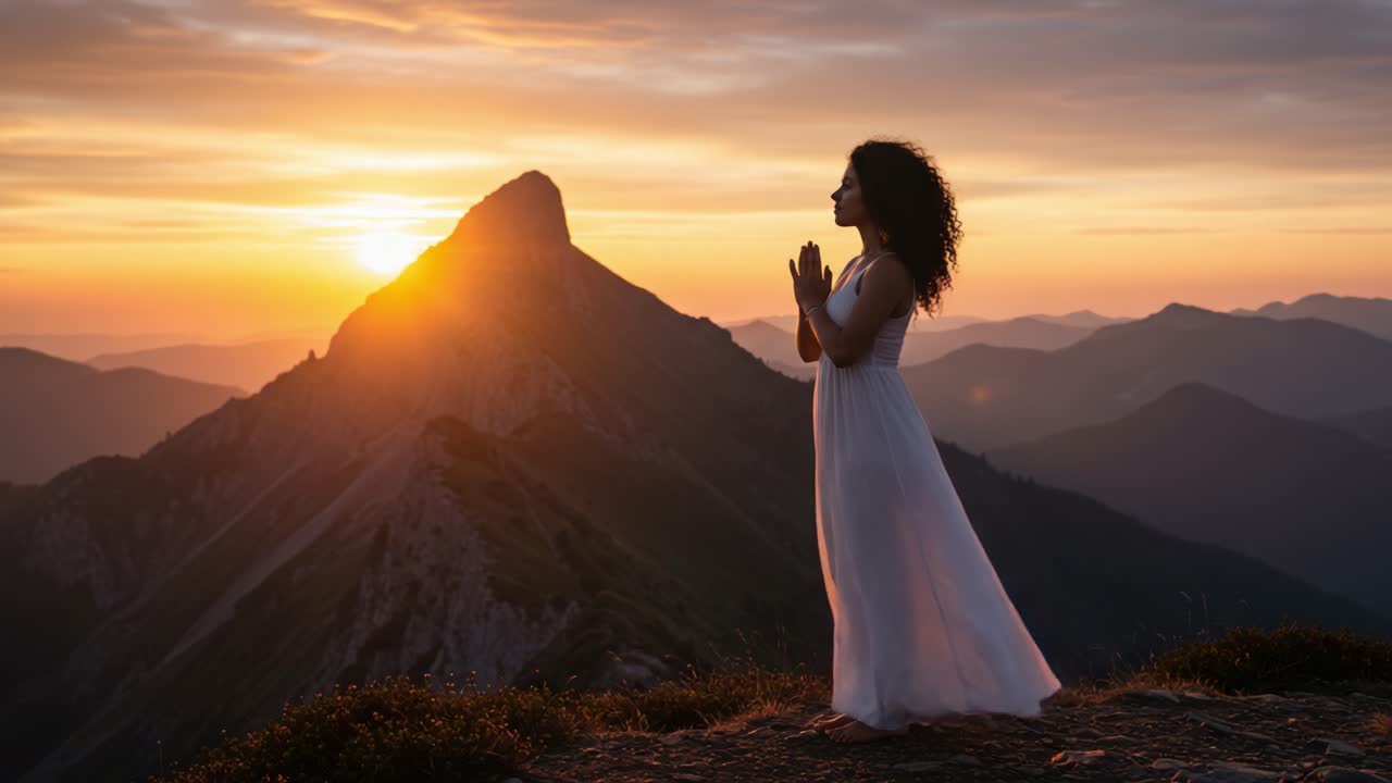 A Serene Sunrise Moment: A Woman in White Dress Praying on a Mountain Peak Surrounded by Breathtaking Landscape at Dawn
