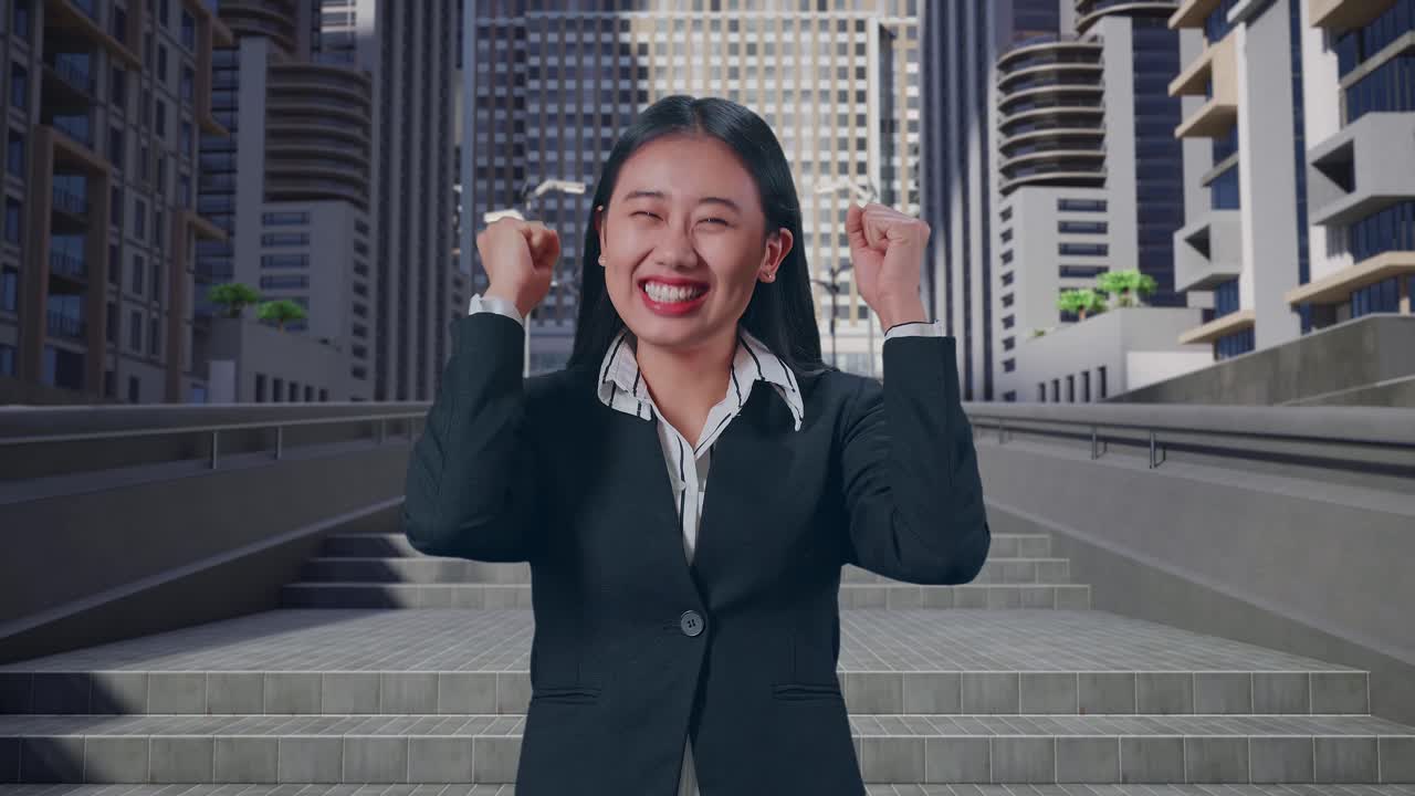 행복 한 아시아 사업가 여성 은 도시 에서 서 있는 동안 축하 하고 있다