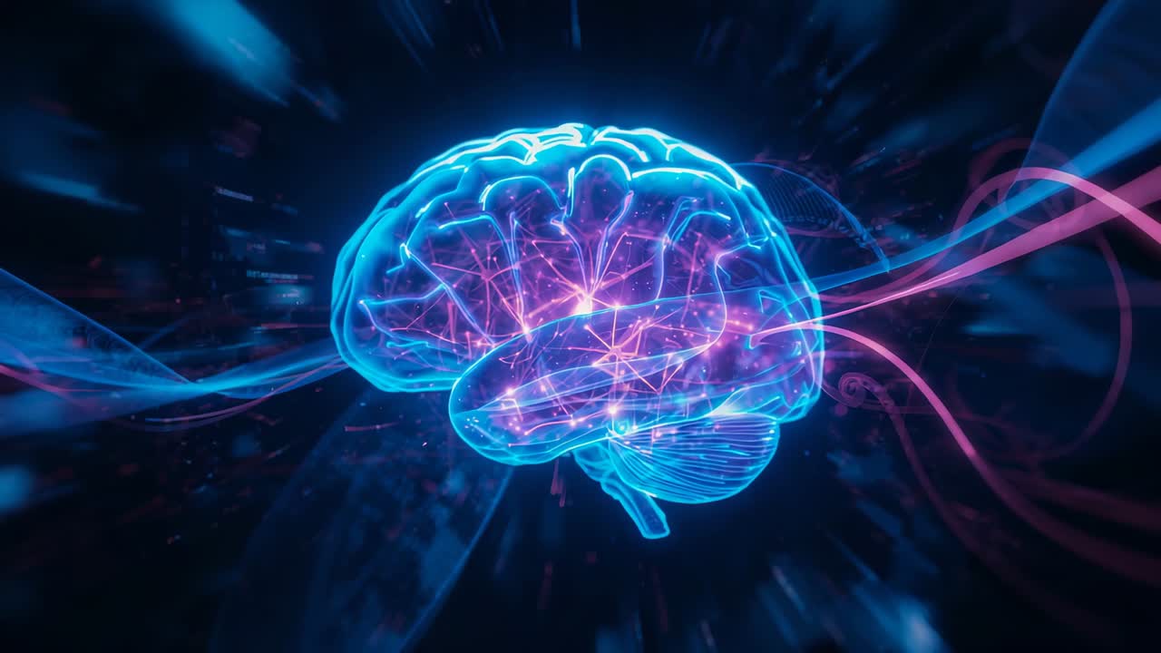 Floating 3D brain in digital void, pulsing pathways weaving blue pink ribbons and drifting lights