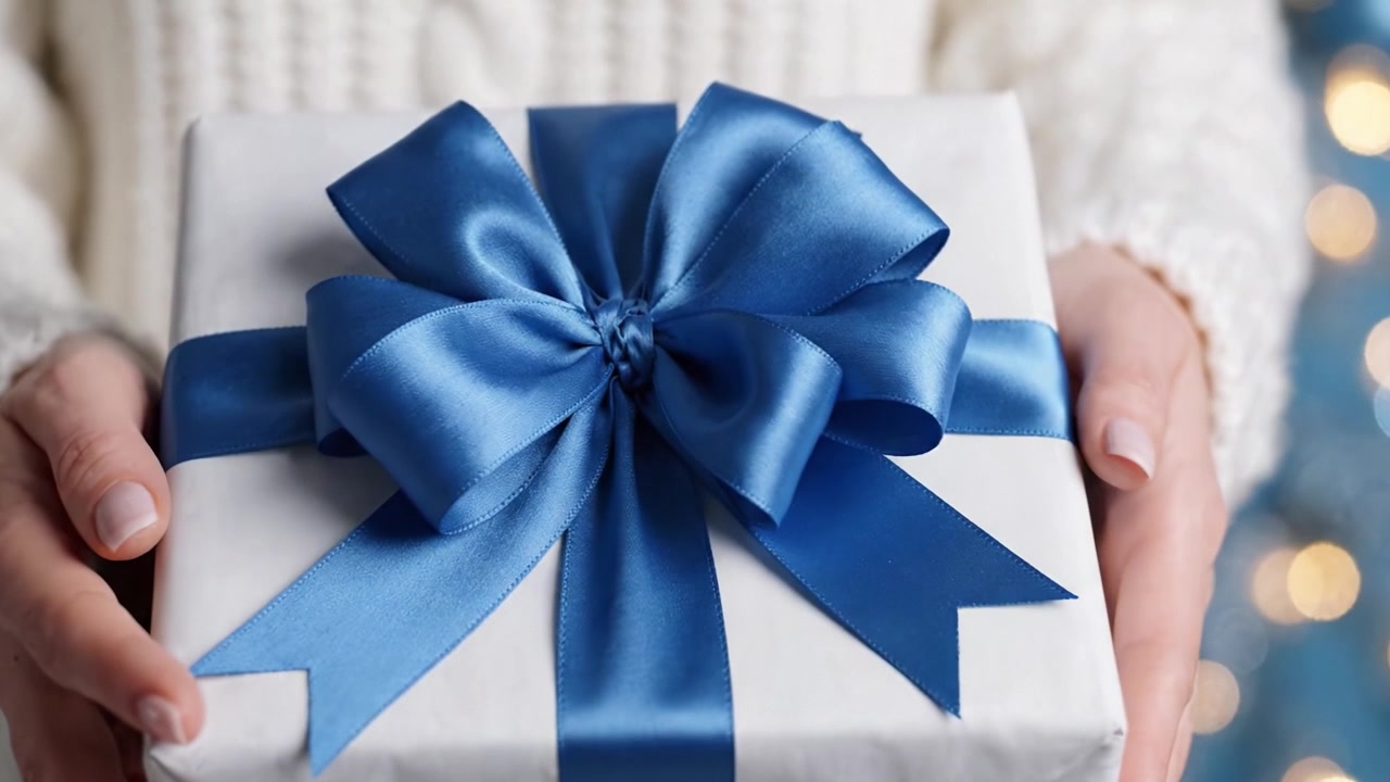 A beautifully wrapped gift adorned with a blue ribbon, symbolizing joy and celebration during the festive season, capturing the spirit of giving and anticipation.