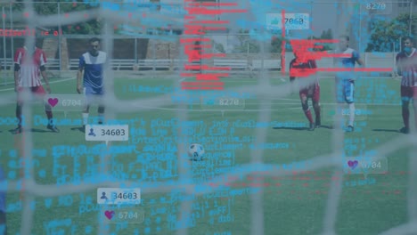 animación de procesamiento de datos e iconos de medios sobre un grupo diverso de jugadores de fútbol