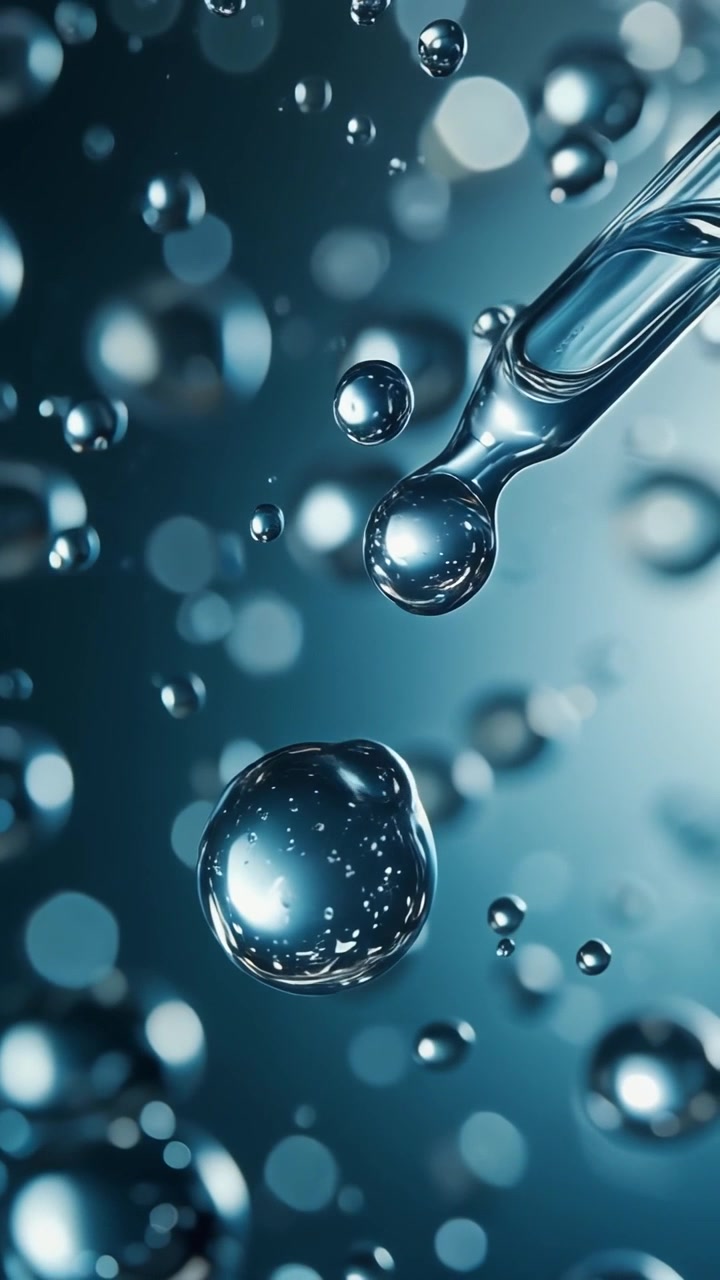Pipeta de vidrio liberando una gota de líquido transparente rodeada de burbujas flotantes y un suave efecto bokeh