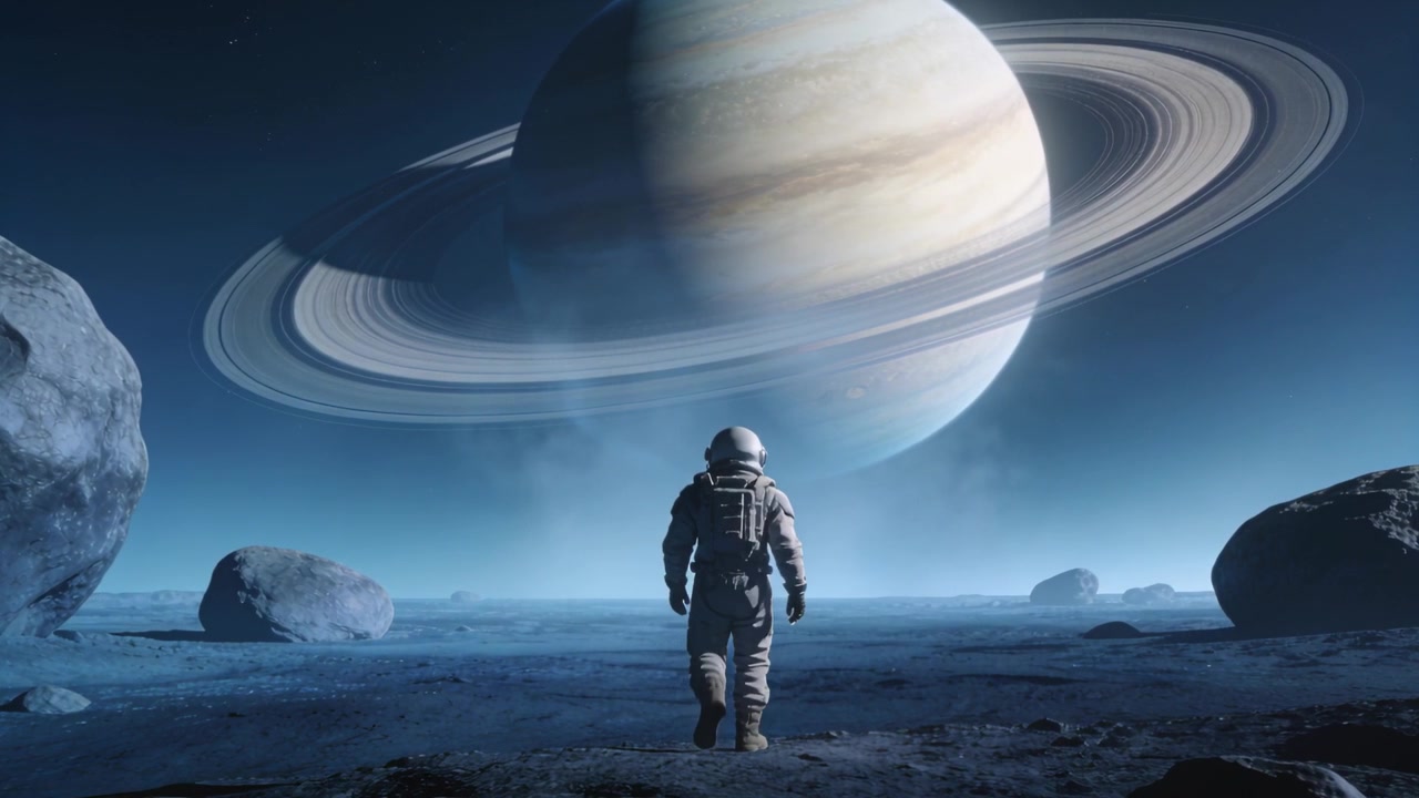 En astronaut træder efter at have pauseret i dragten, tager langsomme skridt på en stenet slette og nærmer sig en ringet kæmpe.