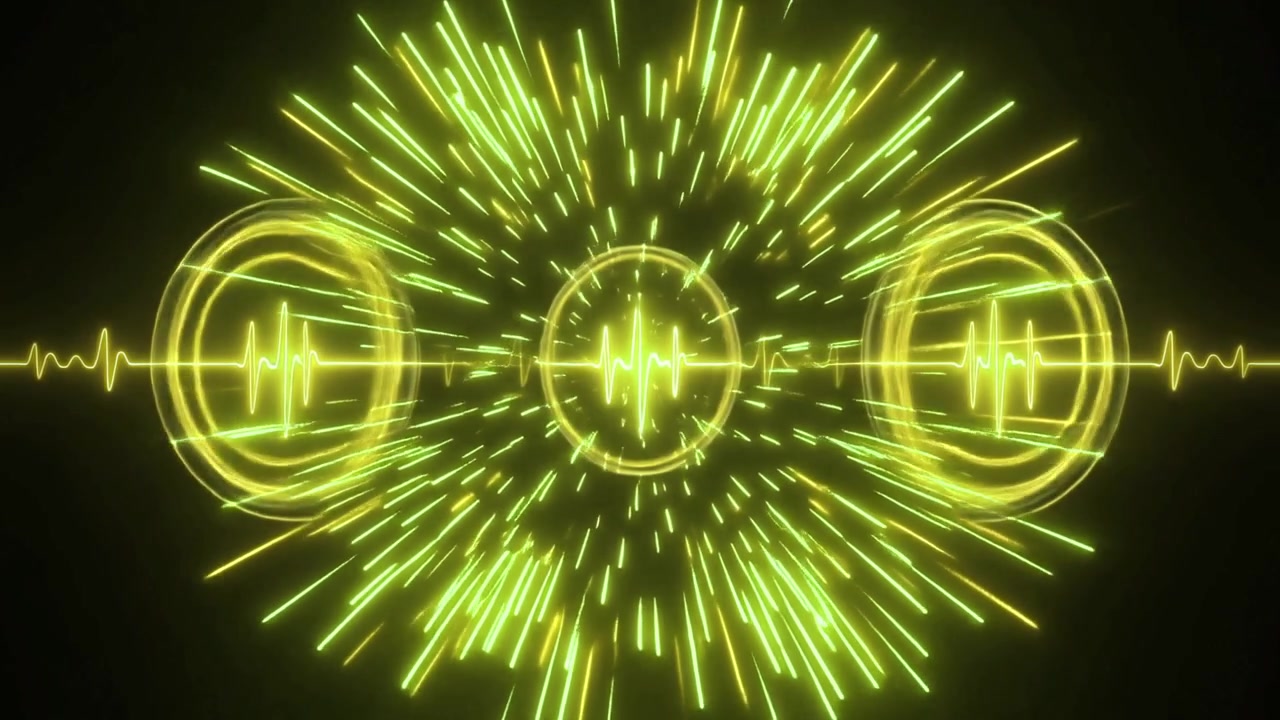 Abstrakt gul neon lydbølge-visualisering med radialt lysglimt