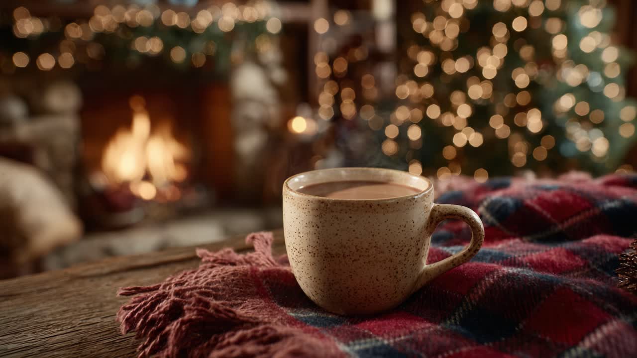 A Cozy Hot Beverage by the Fireplace: Experience the Warmth and Comfort of a Seasonal Gathering Surrounded by Twinkling Lights and a Beautifully Decorated Tree