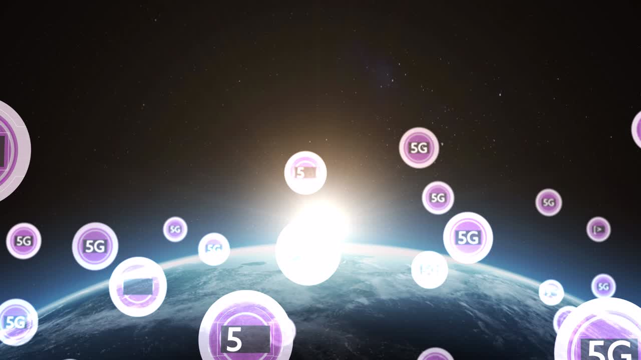 지구 위의 파란색 빛 반점에 대한 보라색 원에 있는 다중 5g 텍스트의 디지털 애니메이션