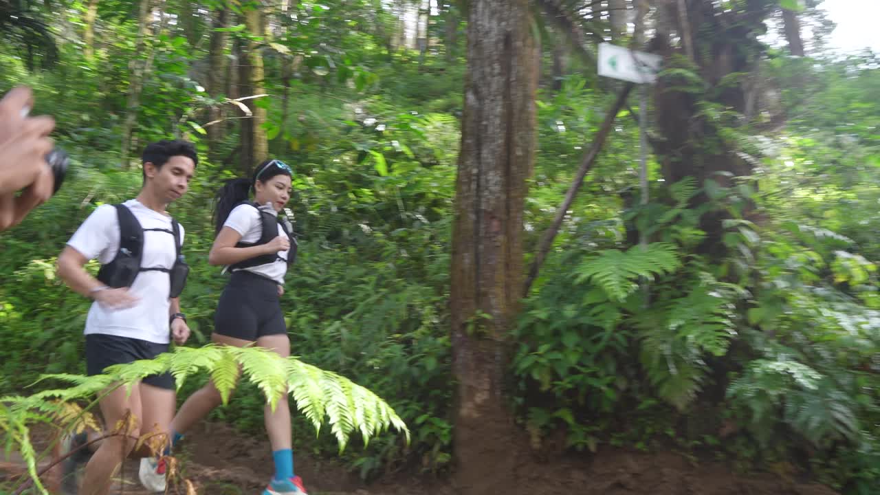 Runners in a lush forest trail