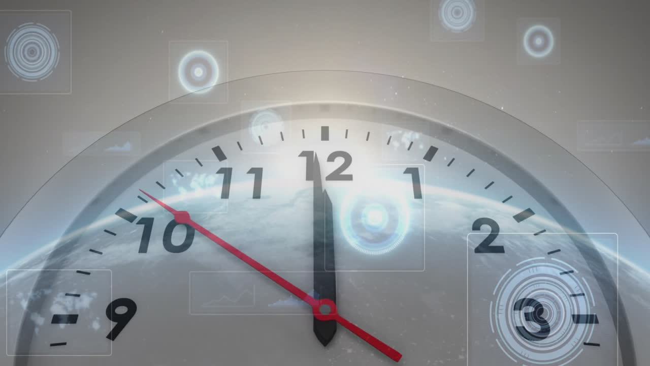 Glowing digital elements and abstract data symbols on clock face animation