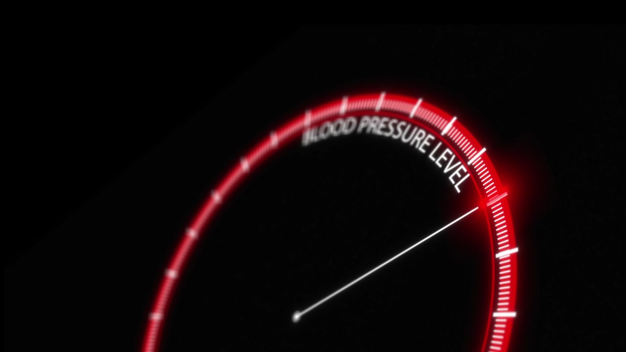 Red medical pressure meter visual with glowing circular scale sharp white needle and black