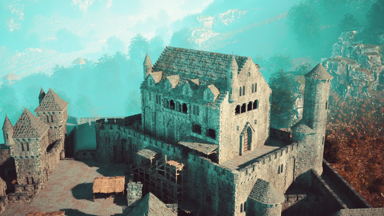 안개가 가득한 산에 있는 중세 성