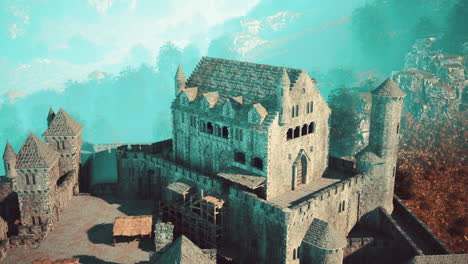 castillo medieval en las montañas de niebla
