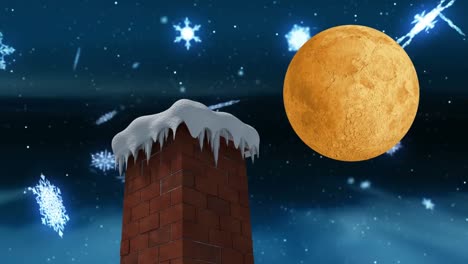 animación de paisaje navideño de invierno con chimenea, nieve cayendo y luna