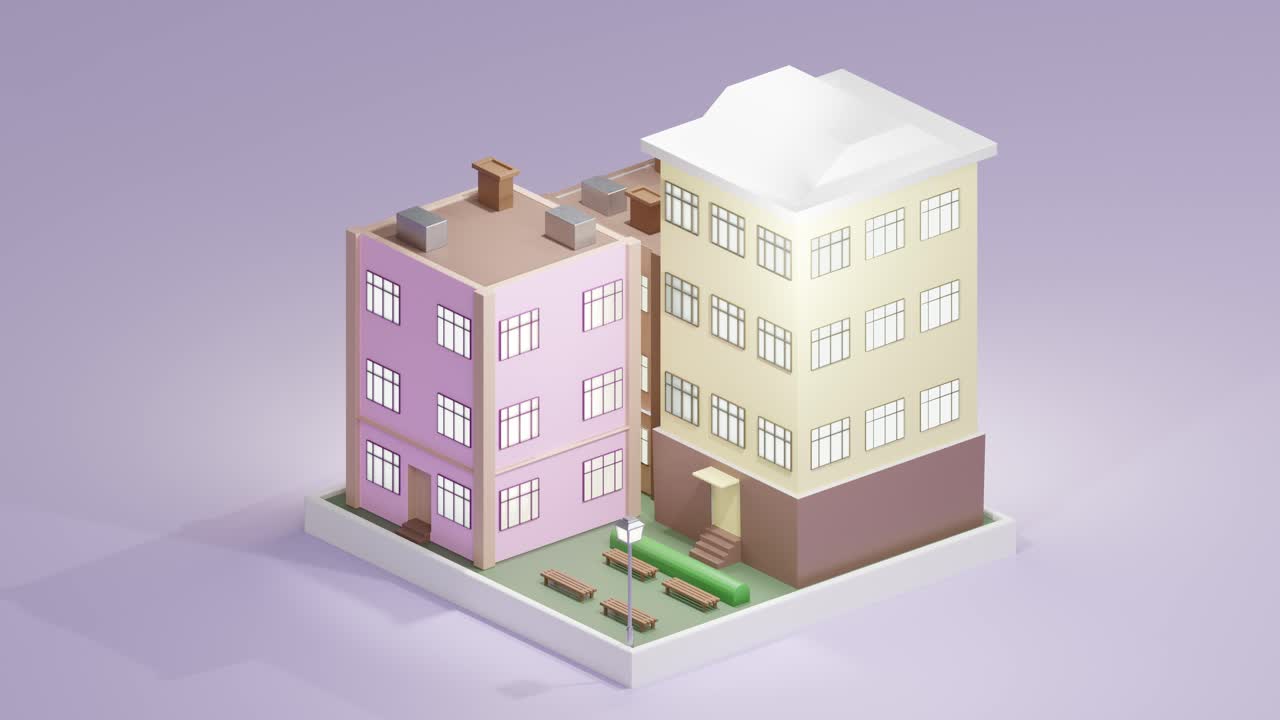 3D animation loop of multistory apartment building during daytime. Isometric view