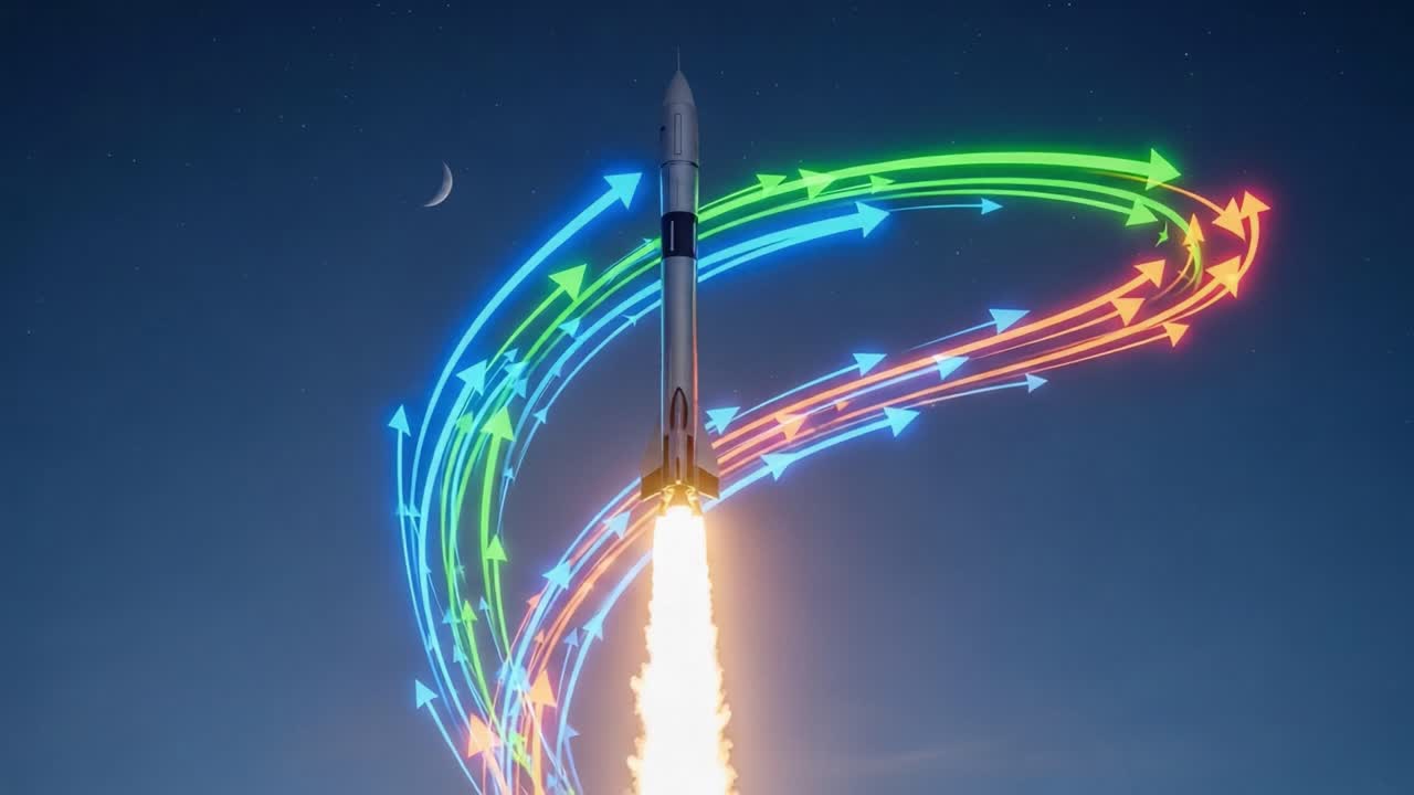 Dynamic Rocket Launch: A Stunning Display of Energy and Trajectory with Colorful Arrows Illustrating Directional Force Against a Midnight Sky