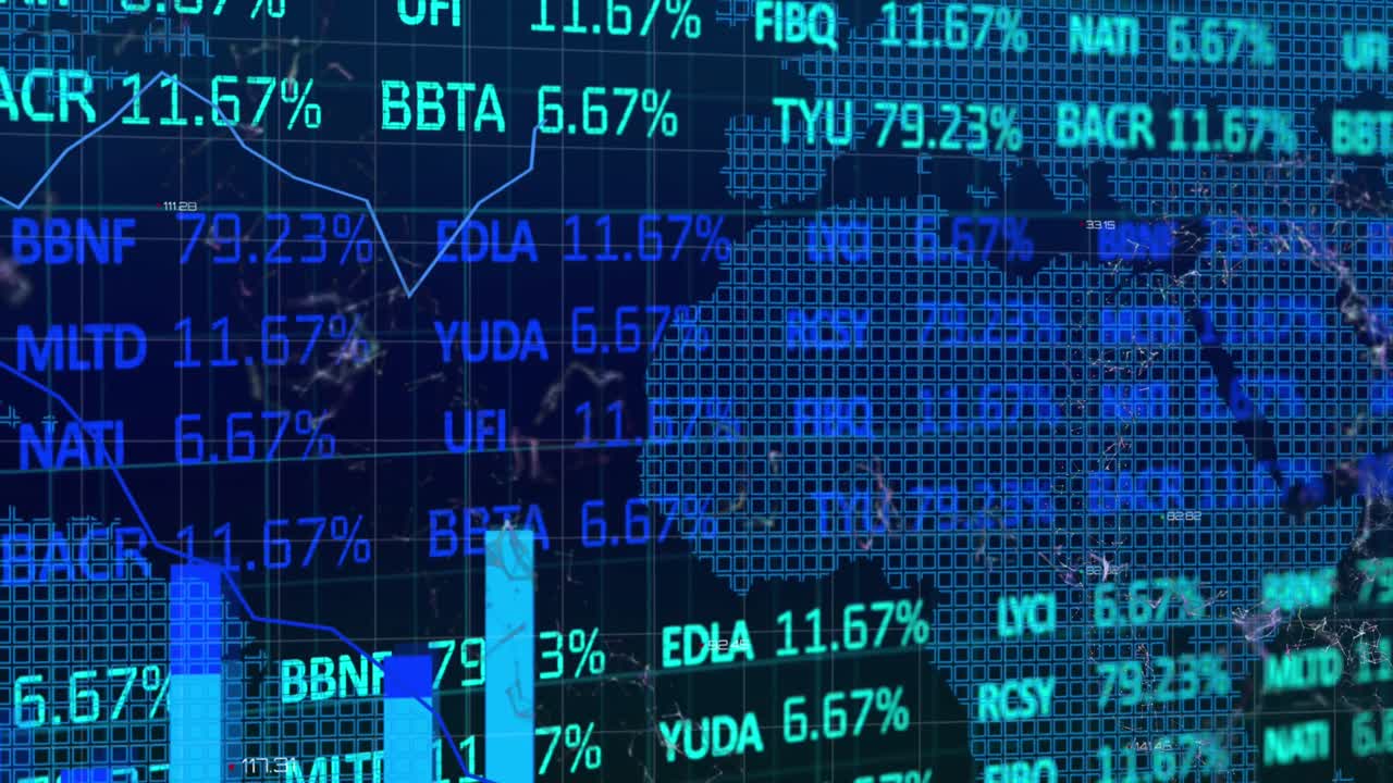 Animation of graphs over trading board, connected dots and map against abstract background