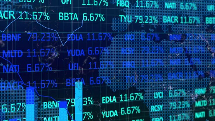 Animation of graphs over trading board, connected dots and map against abstract background