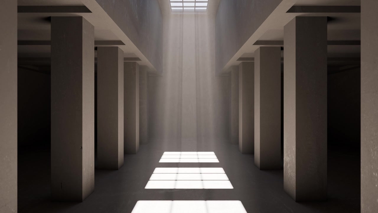 Sunlight Streaming Through Skylight into Minimalist Concrete Hallway