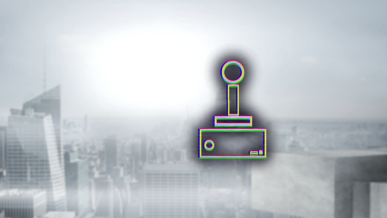 Animation of joystick icon hovering over cityscape with skyscrapers in background