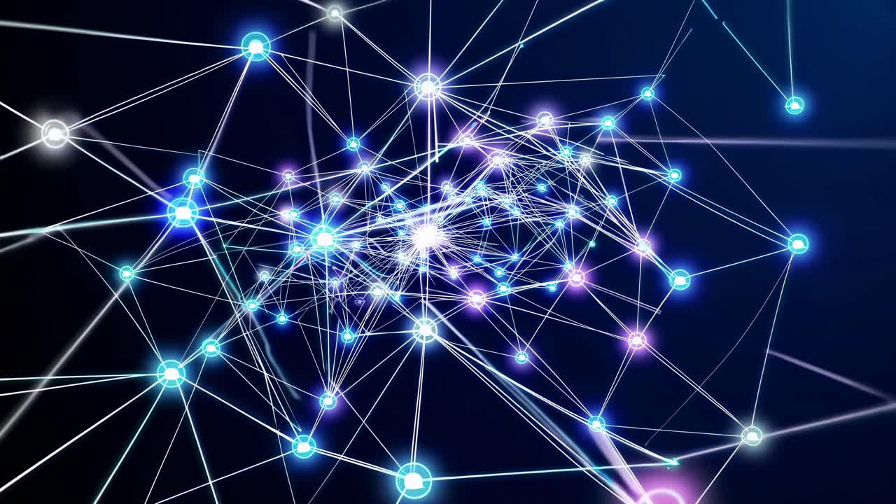 Dynamic video concept of interconnected glowing nodes and lines, viewed from a central angle