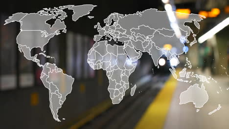 world map animation over subway station with blurred train approaching