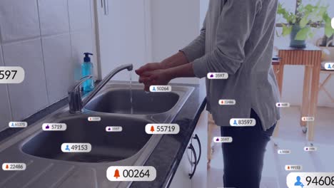 Animation-Von-Social-Media-Symbolen-Mit-Zahlen-über-Einer-Kaukasischen-Frau,-Die-Sich-Die-Hände-Wäscht